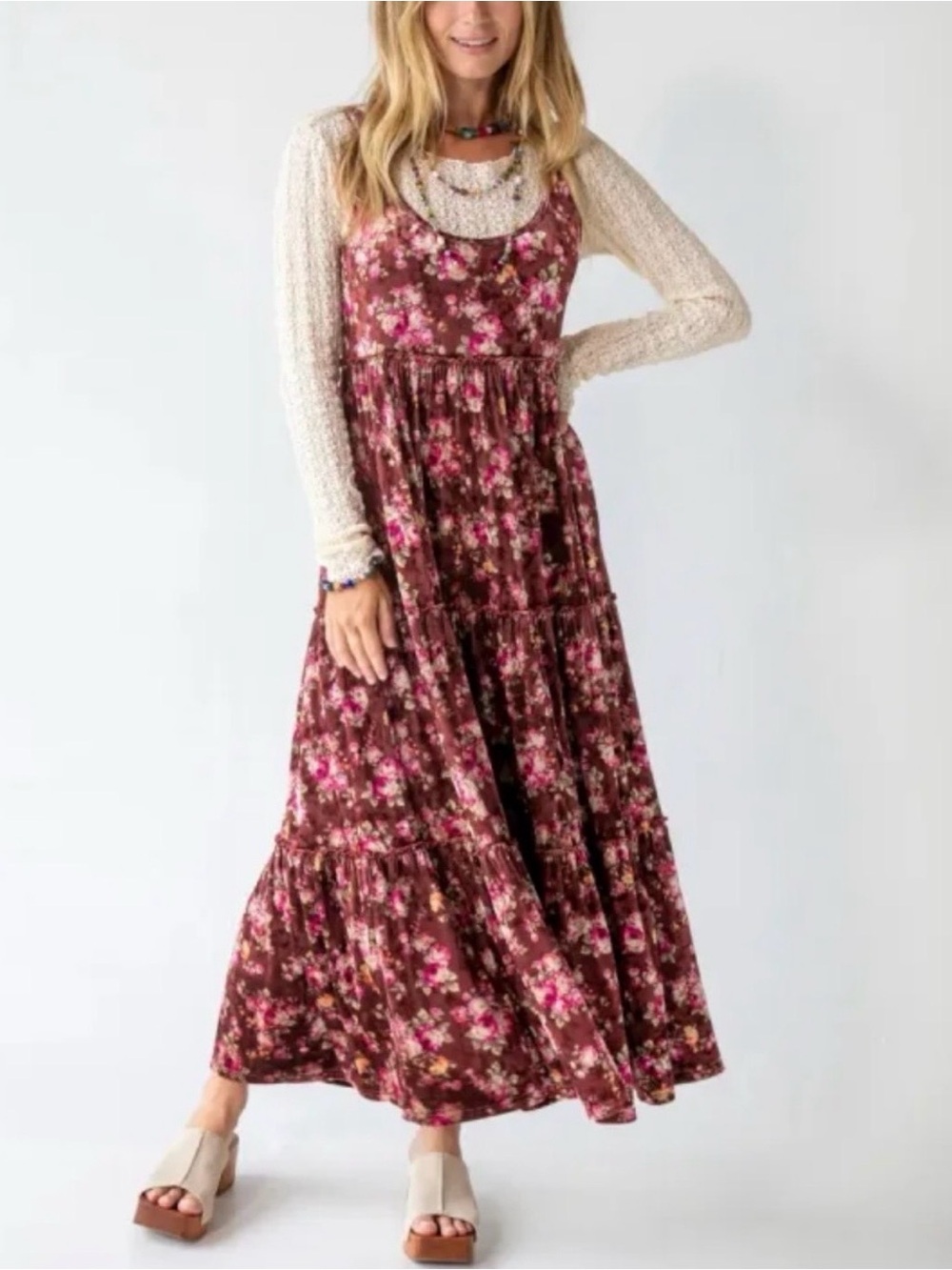 Natural Life Karlie Velvet Maxi Dress XS Rust Floral Tiered Boho Cottagecore